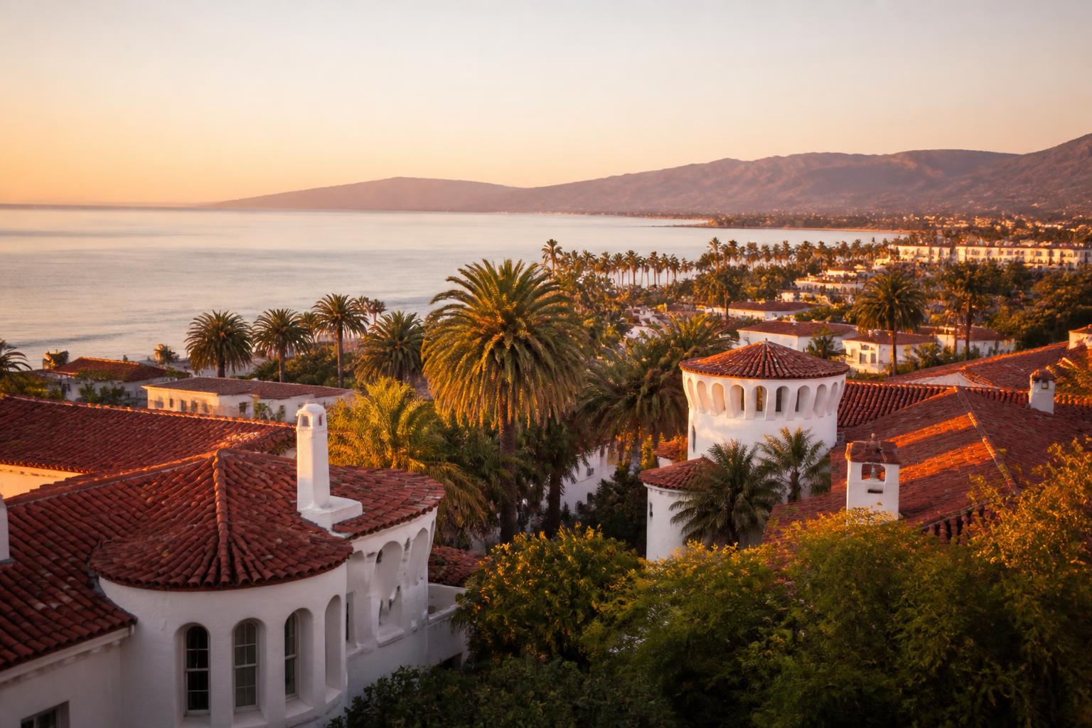 Santa Barbara coastline with red-tile rooftops and palm trees at golden hour